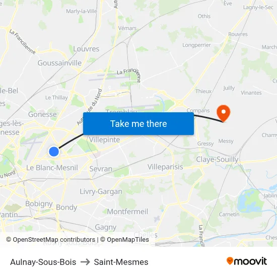 Aulnay-Sous-Bois to Saint-Mesmes map