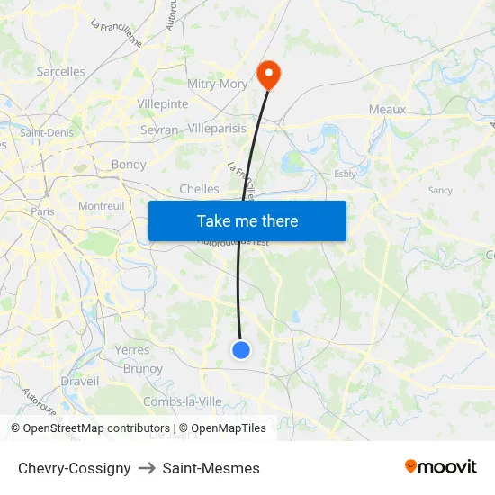 Chevry-Cossigny to Saint-Mesmes map