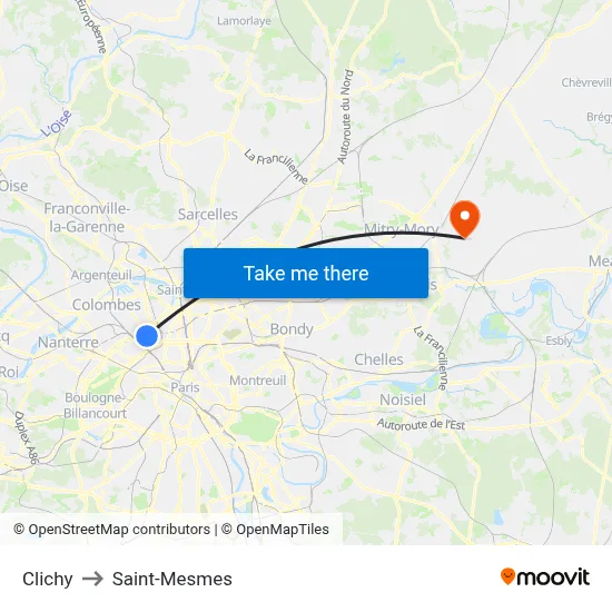 Clichy to Saint-Mesmes map