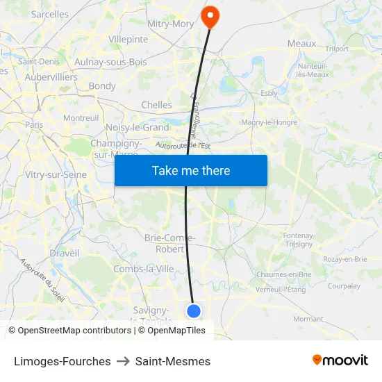 Limoges-Fourches to Saint-Mesmes map