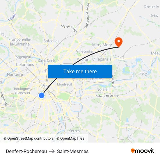 Denfert-Rochereau to Saint-Mesmes map