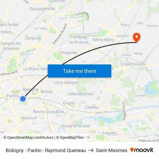 Bobigny - Pantin - Raymond Queneau to Saint-Mesmes map