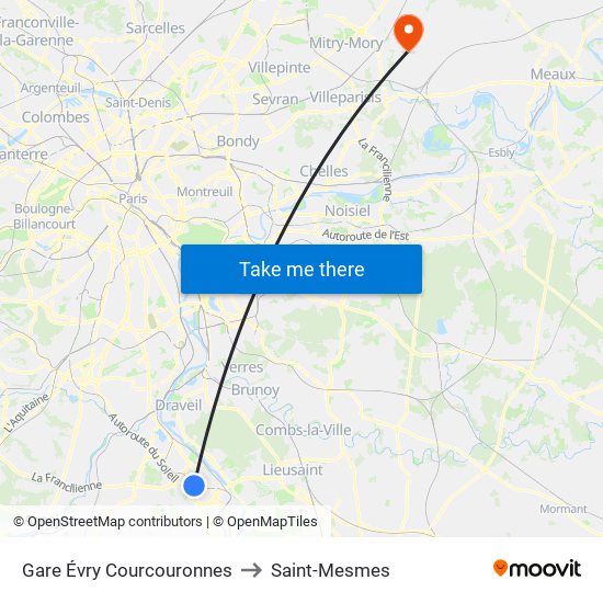 Gare Évry Courcouronnes to Saint-Mesmes map