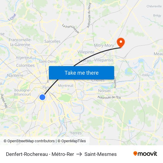 Denfert-Rochereau - Métro-Rer to Saint-Mesmes map