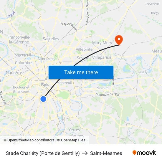 Stade Charléty (Porte de Gentilly) to Saint-Mesmes map