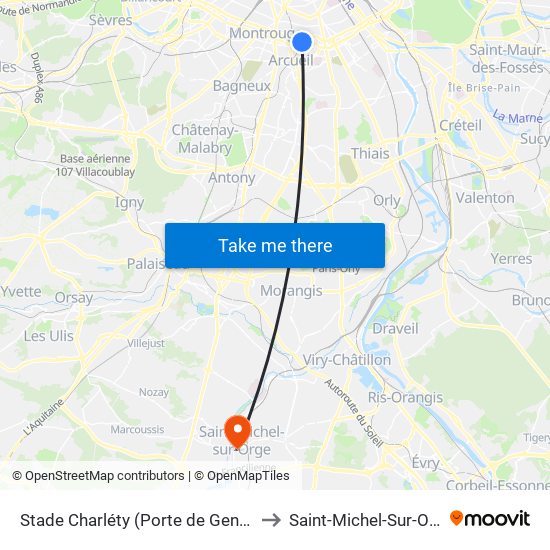 Stade Charléty (Porte de Gentilly) to Saint-Michel-Sur-Orge map