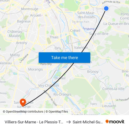 Villiers-Sur-Marne - Le Plessis-Trévise RER to Saint-Michel-Sur-Orge map