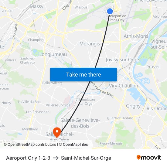 Aéroport Orly 1-2-3 to Saint-Michel-Sur-Orge map