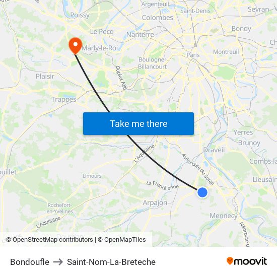 Bondoufle to Saint-Nom-La-Breteche map