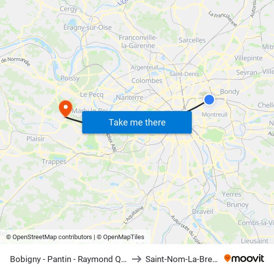 Bobigny - Pantin - Raymond Queneau to Saint-Nom-La-Breteche map