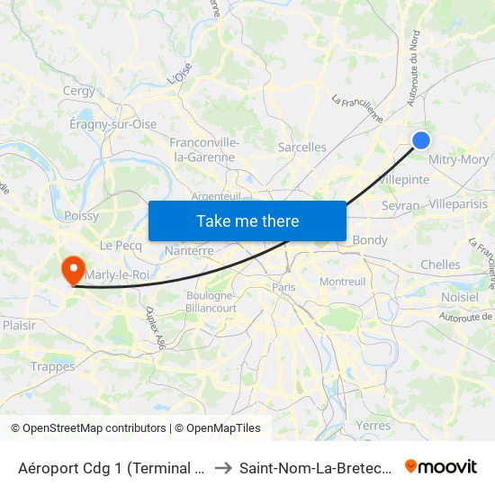 Aéroport Cdg 1 (Terminal 3) to Saint-Nom-La-Breteche map