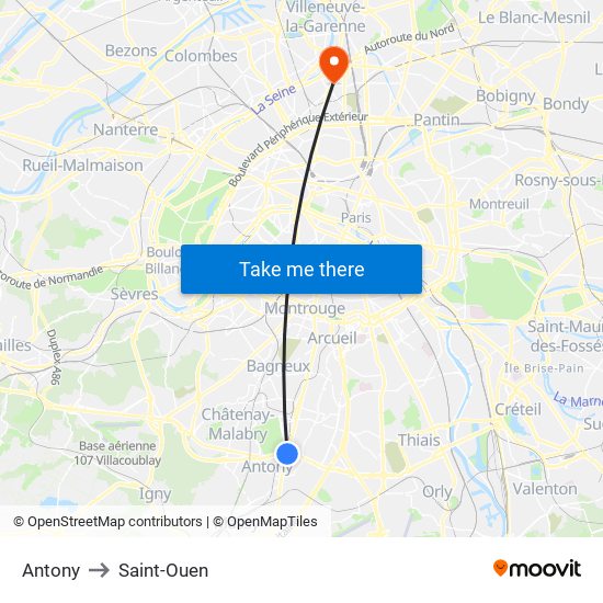Antony to Saint-Ouen map