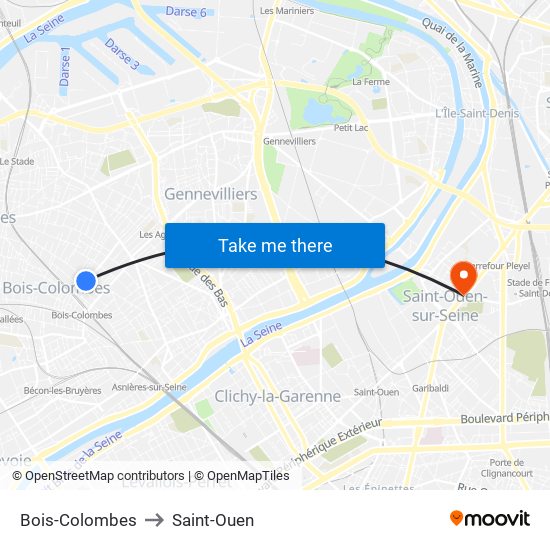 Bois-Colombes to Saint-Ouen map