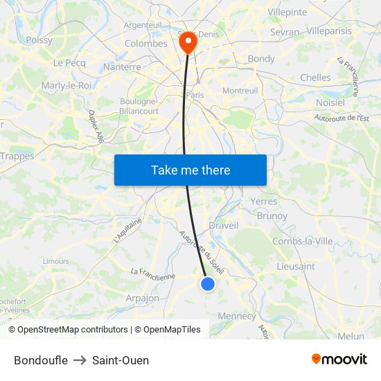 Bondoufle to Saint-Ouen map