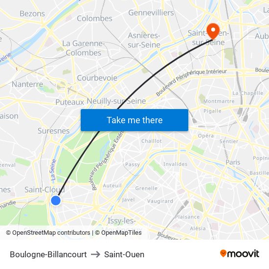 Boulogne-Billancourt to Saint-Ouen map