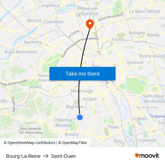 Bourg-La-Reine to Saint-Ouen map