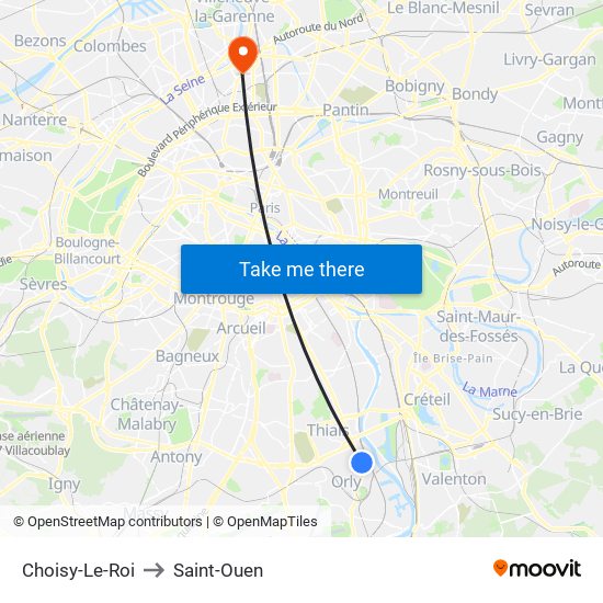 Choisy-Le-Roi to Saint-Ouen map