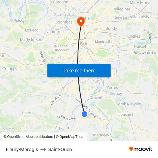 Fleury-Merogis to Saint-Ouen map