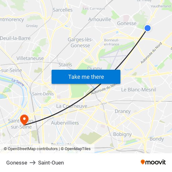 Gonesse to Saint-Ouen map