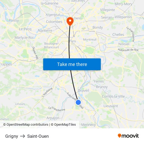 Grigny to Saint-Ouen map