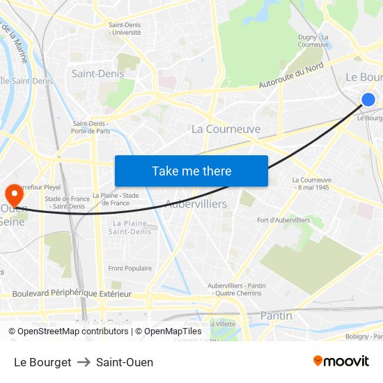 Le Bourget to Saint-Ouen map