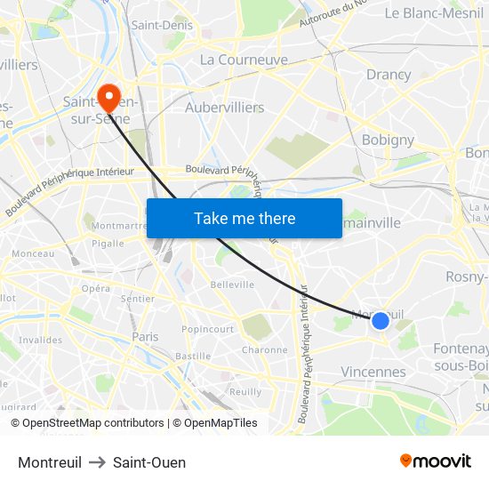 Montreuil to Saint-Ouen map