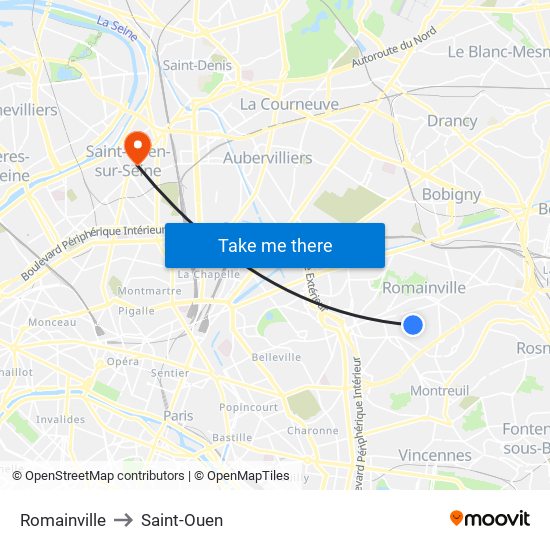 Romainville to Saint-Ouen map