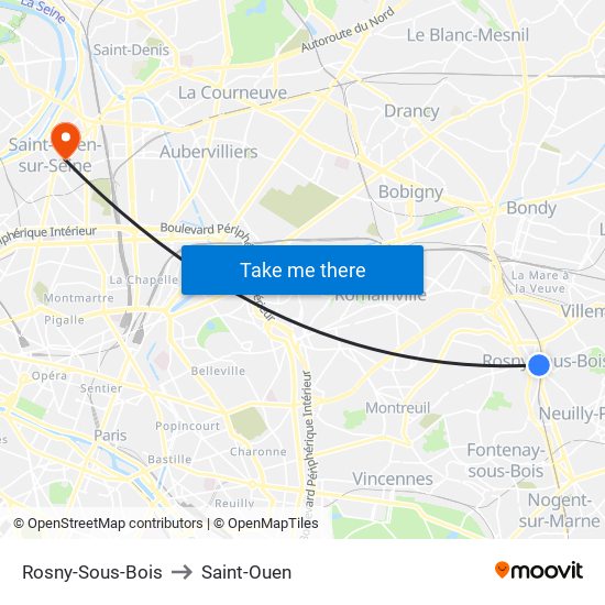 Rosny-Sous-Bois to Saint-Ouen map