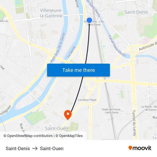Saint-Denis to Saint-Ouen map