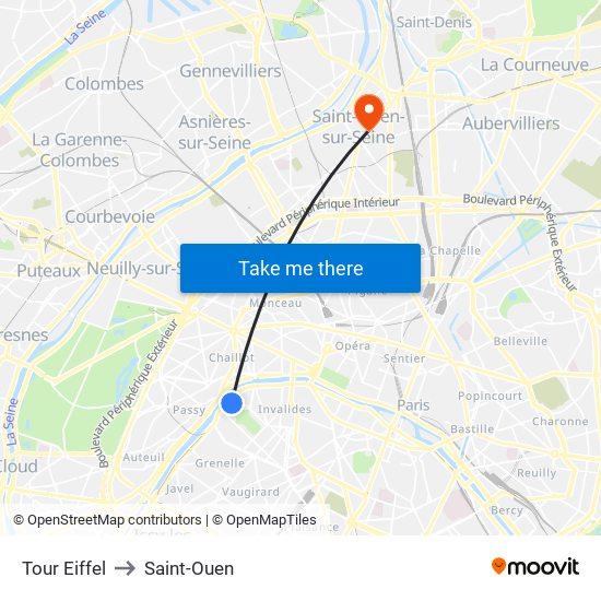 Eiffel Tower to Saint-Ouen map