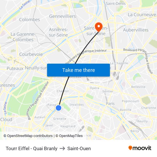 Tourr Eiffel - Quai Branly to Saint-Ouen map