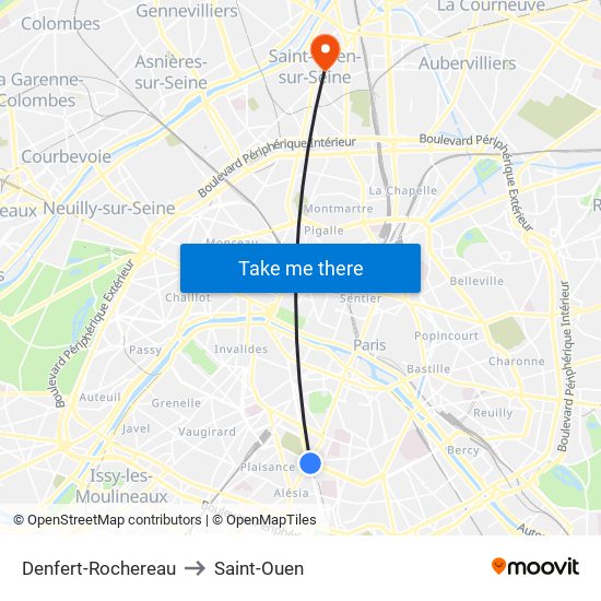 Denfert-Rochereau to Saint-Ouen map