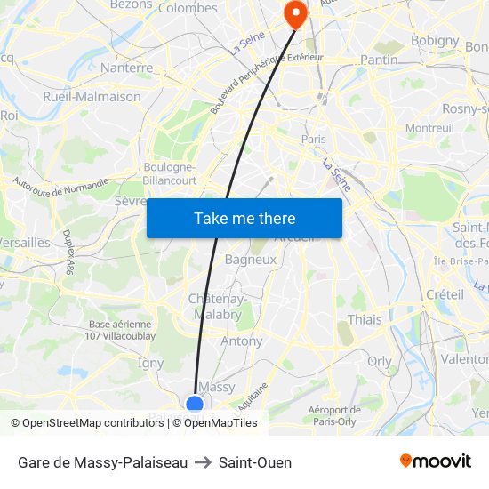 Gare de Massy-Palaiseau to Saint-Ouen map