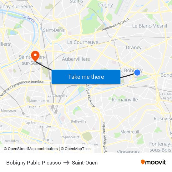 Bobigny Pablo Picasso to Saint-Ouen map