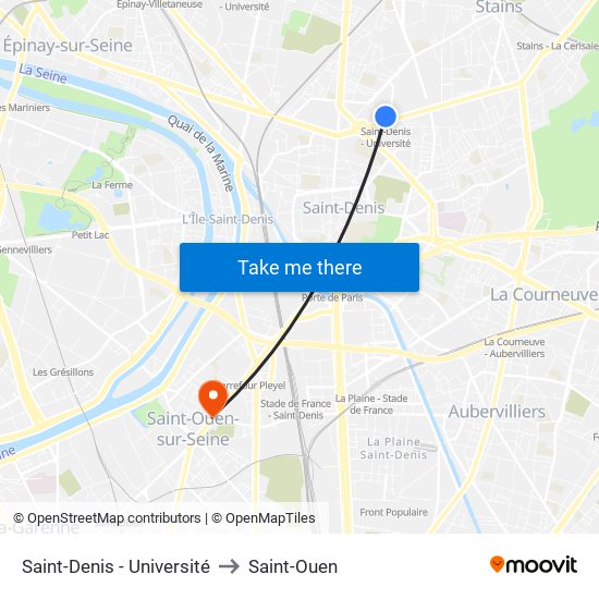 Saint-Denis - Université to Saint-Ouen map