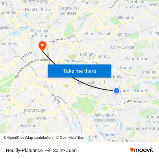 Neuilly-Plaisance to Saint-Ouen map