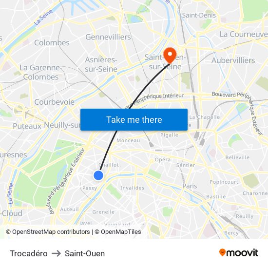 Trocadéro to Saint-Ouen map