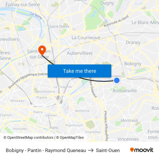 Bobigny - Pantin - Raymond Queneau to Saint-Ouen map