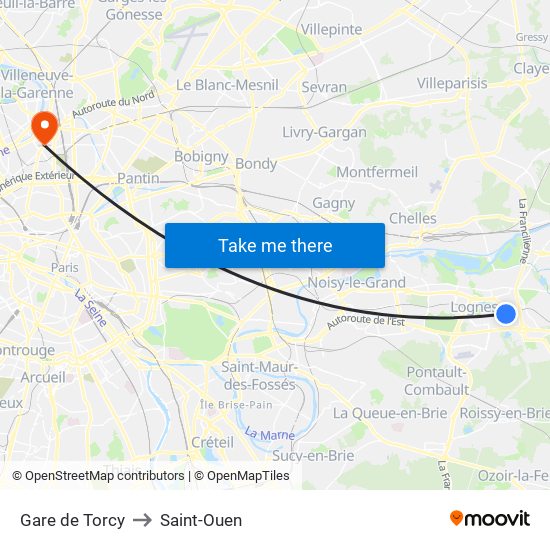 Gare de Torcy to Saint-Ouen map