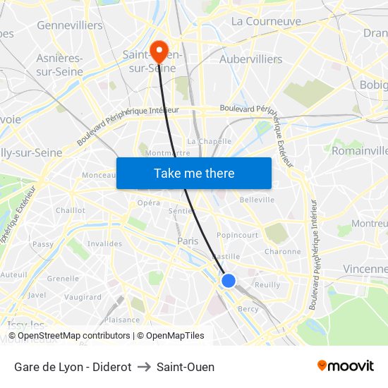 Gare de Lyon - Diderot to Saint-Ouen map