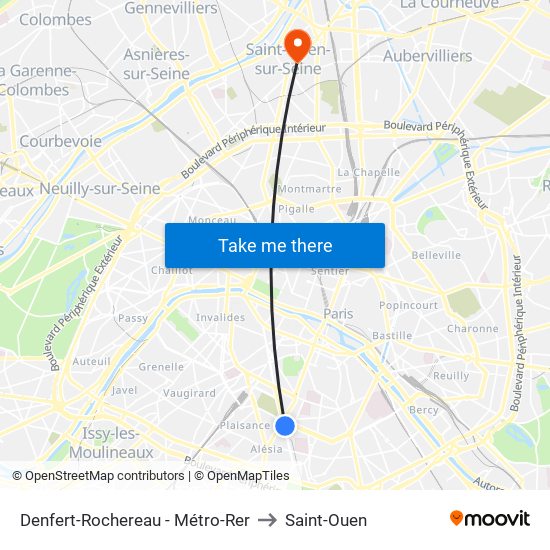 Denfert-Rochereau - Métro-Rer to Saint-Ouen map