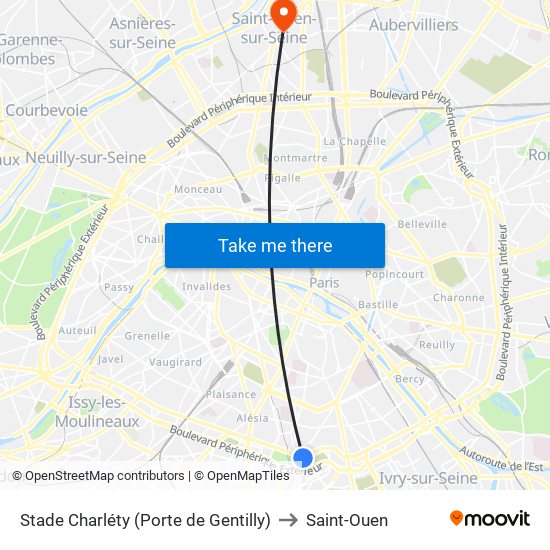 Stade Charléty (Porte de Gentilly) to Saint-Ouen map