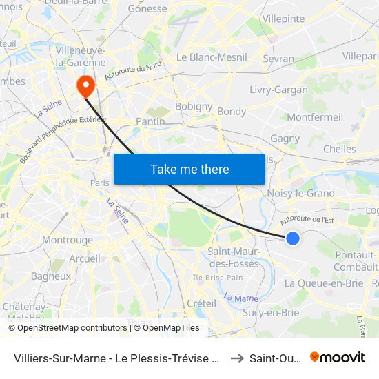 Villiers-Sur-Marne - Le Plessis-Trévise RER to Saint-Ouen map