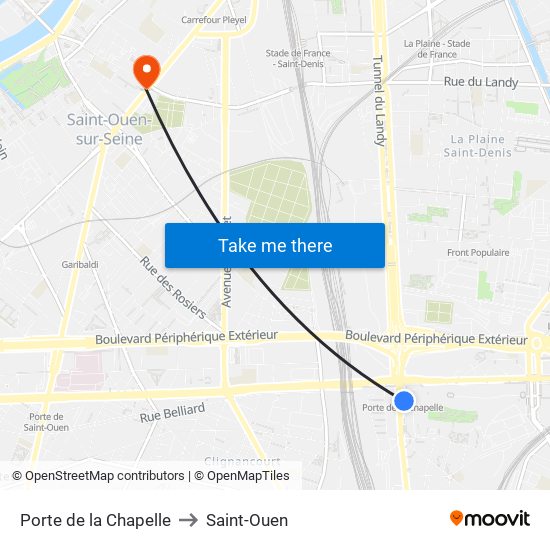 Porte de la Chapelle to Saint-Ouen map
