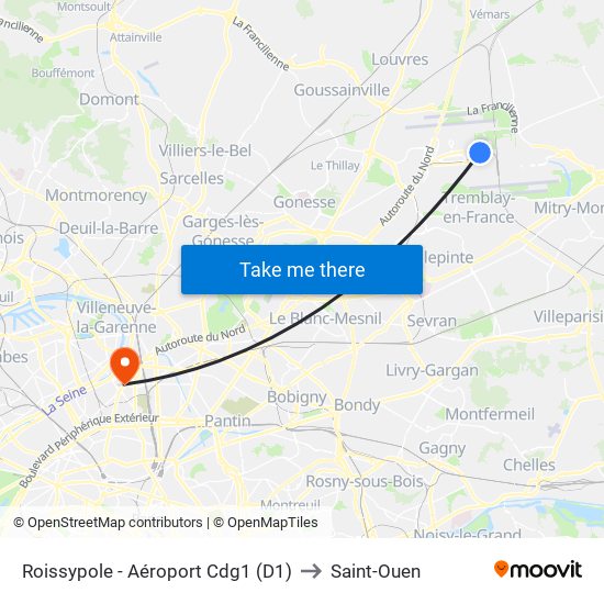 Roissypole - Aéroport Cdg1 (D1) to Saint-Ouen map