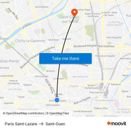 Paris Saint-Lazare to Saint-Ouen map