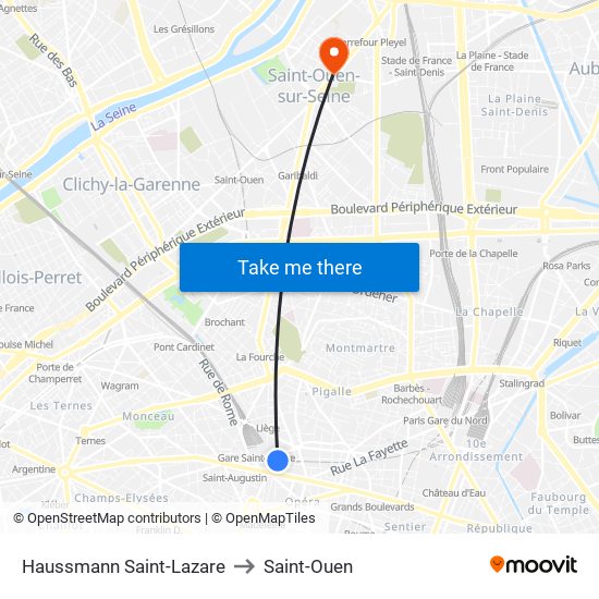 Haussmann Saint-Lazare to Saint-Ouen map