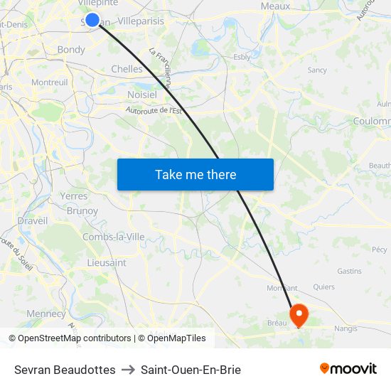 Sevran Beaudottes to Saint-Ouen-En-Brie map