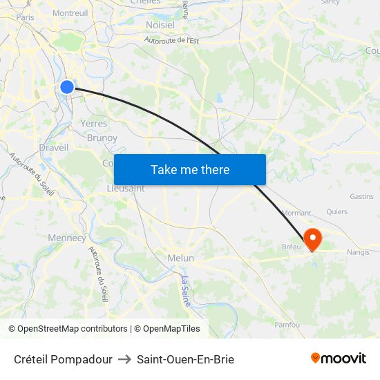 Créteil Pompadour to Saint-Ouen-En-Brie map