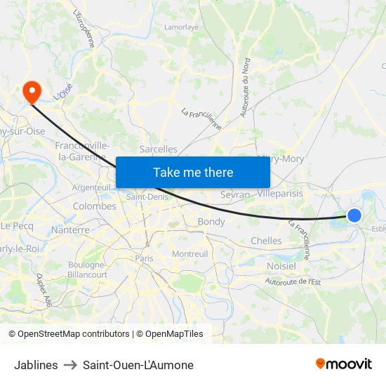 Jablines to Saint-Ouen-L'Aumone map